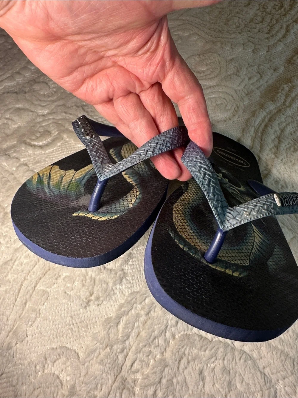 Havaianas Navy Flip Flops with Blue-Green Dragon Print